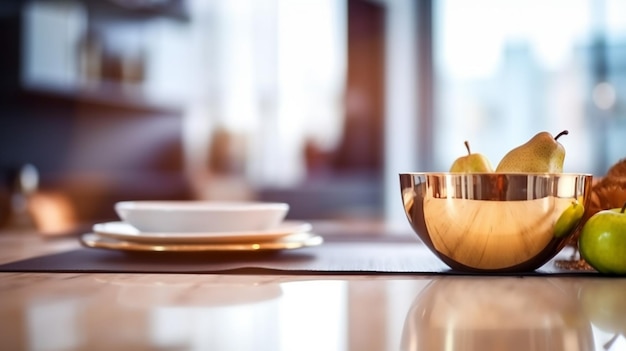 A bowl with a pear on it sits on a kitchen counter