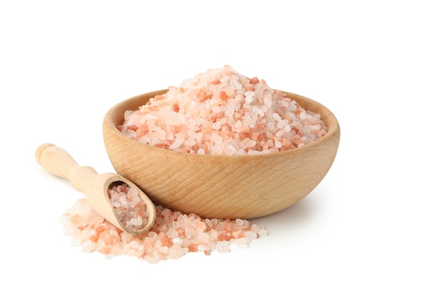 Bowl with pink himalayan salt and scoop isolated