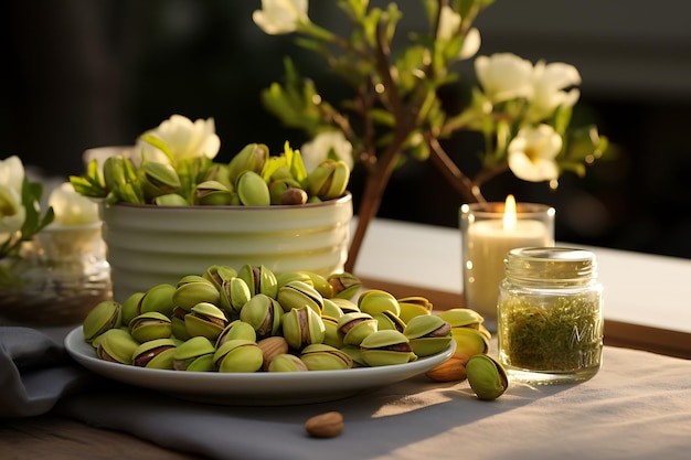 Bowl with pistachios and flowers on table closeup