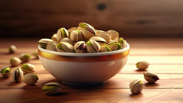 Bowl with pistachios on a wooden table generative ai