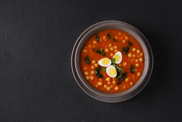 Bowl with Potaje de vigilia Chickpea stew with spinach and eggs on dark bakground copy space top view