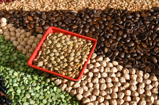 Bowl with raw white lentils on various seeds grain