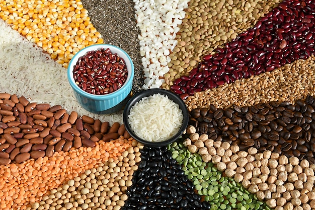 Bowl with raw white rices and beans on various seeds grain