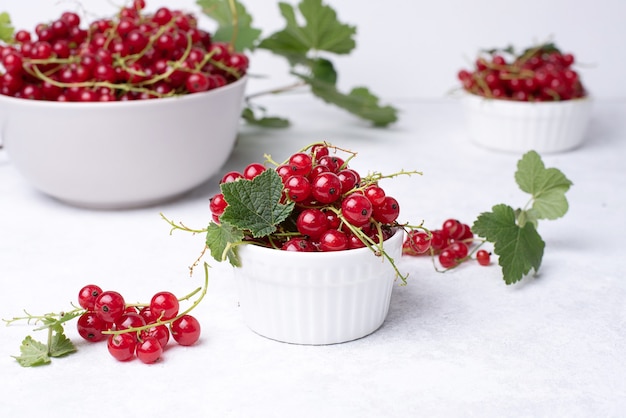 Bowl with ripe red currant berries on a white background, summer berries, close up.