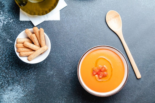 Bowl with salmorejo, a typical spanish tomato soup similar to the gazpacho