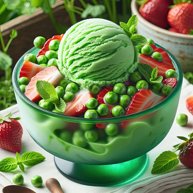 A bowl with a scoop of pea ice cream a gelato made with fresh peas and mint