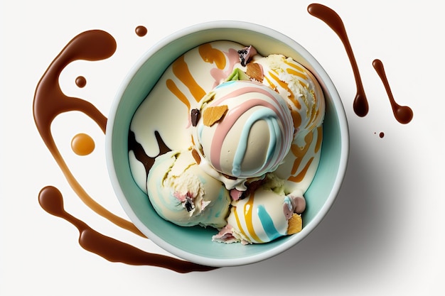 Bowl with scoops of cream ice cream and toppings view from above white luminous image Ai generated