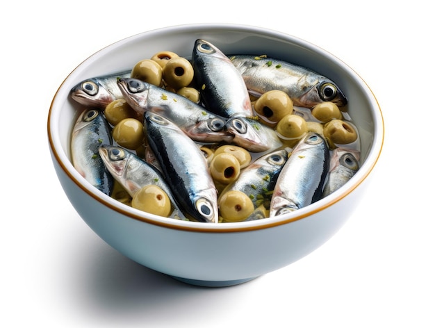 Bowl with small fish isolated on white background