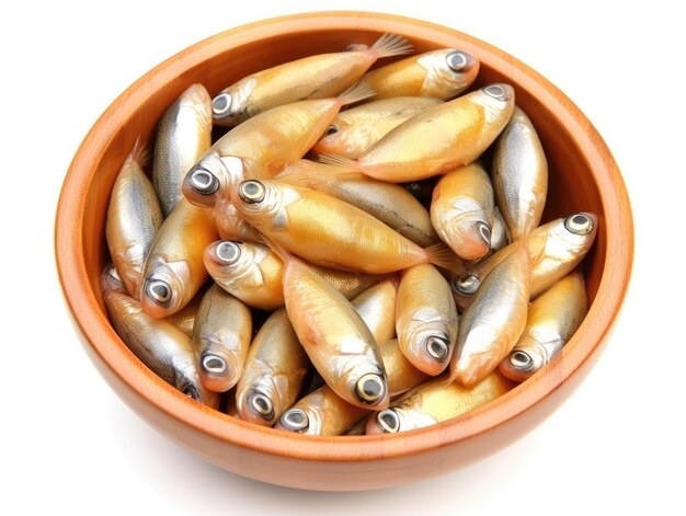 Bowl with small fish isolated on white background