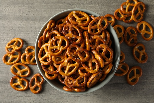 Bowl with tasty cracker pretzels