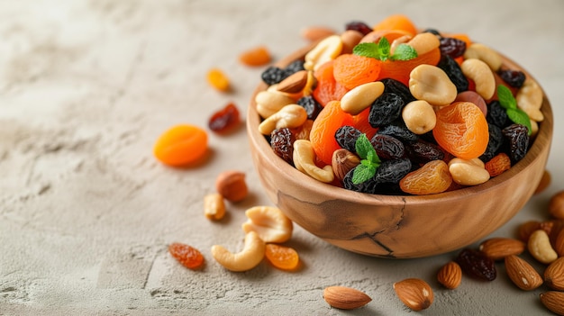 Bowl with tasty dried fruits and nuts on table closeup