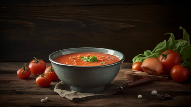 Bowl with tasty gazpacho on wooden background Generative AI