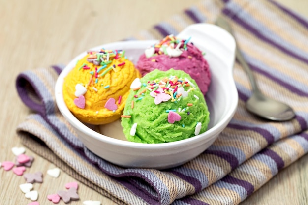 Bowl with tasty ice cream on table