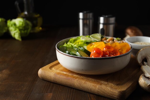 Bowl with tasty and nutritious food space for text