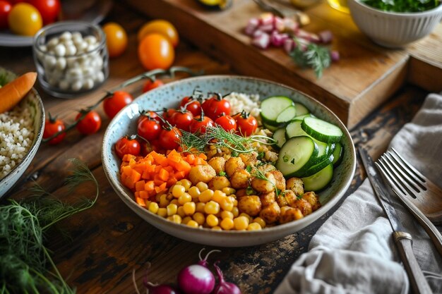 Photo bowl with tasty and nutritious food top view