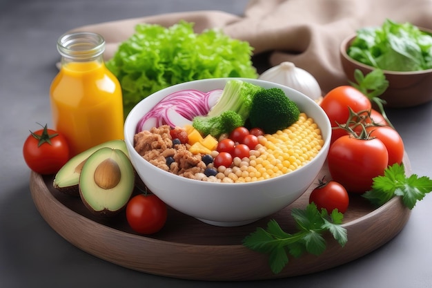 Bowl with tasty oatmeal vegetables and fruits on wooden board