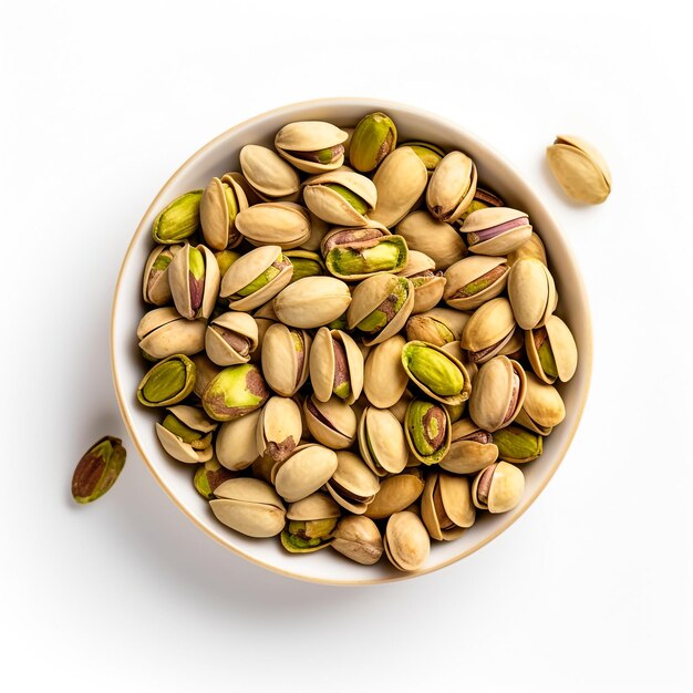 Bowl with tasty pistachio nuts on white background