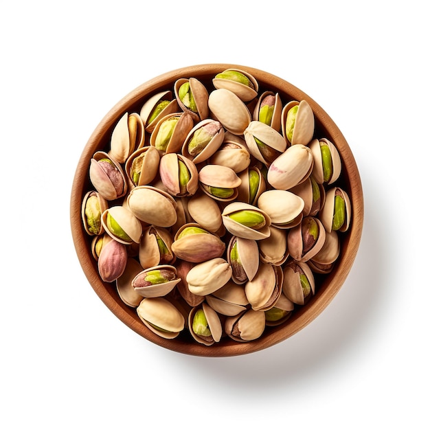 Photo bowl with tasty pistachio nuts on white background