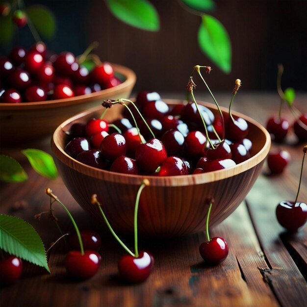 Bowl with tasty ripe cherries on wooden table