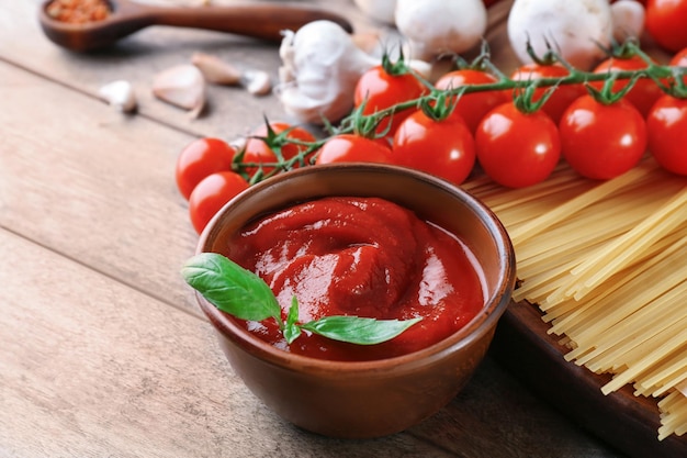 Bowl with tasty tomato sauce for pasta on table