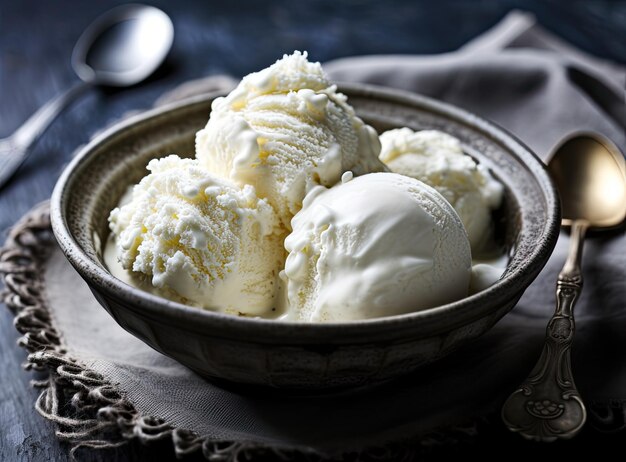 Bowl with tasty vanilla ice cream on table against light background Created with Generative AI techn