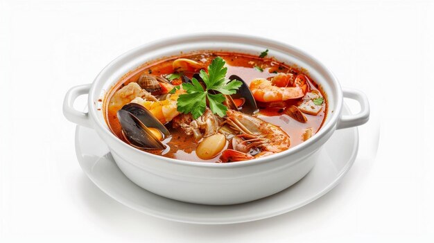 Bowl with traditional French bouillabaisse soup with seafood on a white background