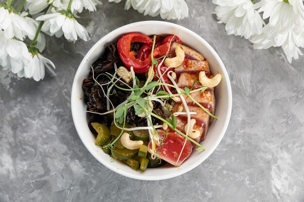 Bowl with traditional Hawaiian food