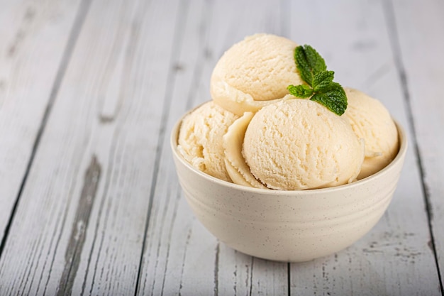 Bowl with vanilla ice cream balls