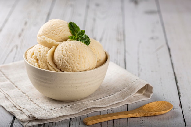 Bowl with vanilla ice cream balls