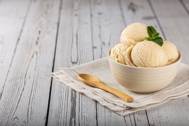 Bowl with vanilla ice cream balls