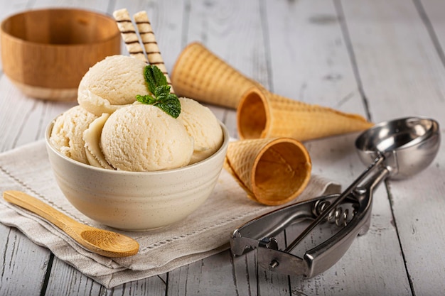 Bowl with vanilla ice cream balls