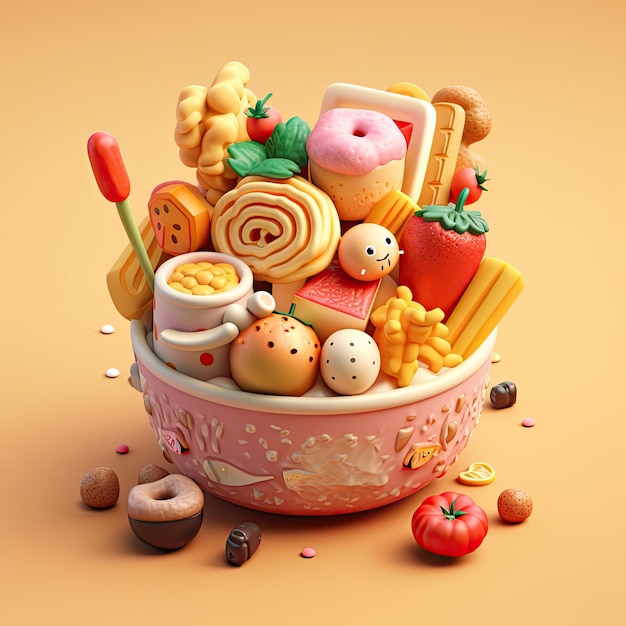 A bowl with a variety of food including a donut, donuts, and other food items.