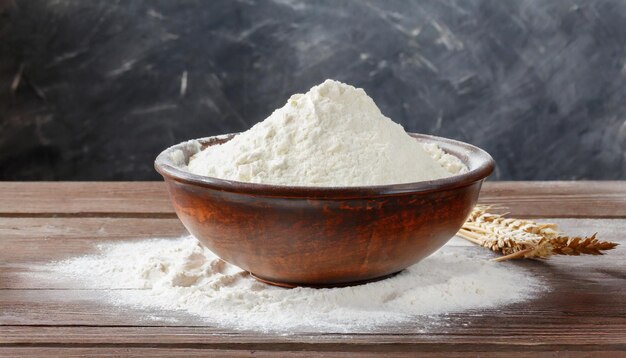 Bowl with wheat flour on wooden table