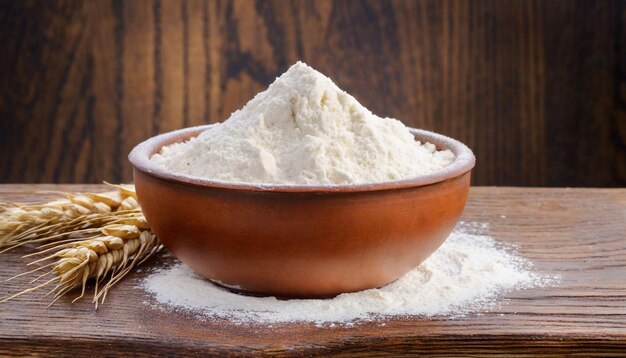 Bowl with wheat flour on wooden table