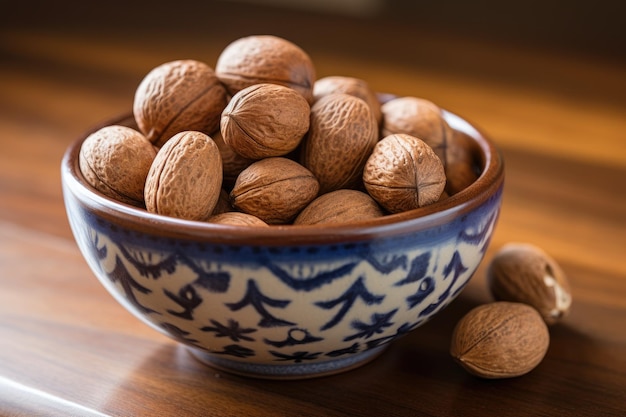 Bowl with whole nutmeg nuts