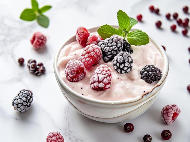 Фото Чаша с йогуртом, украшенная замороженными ягодами