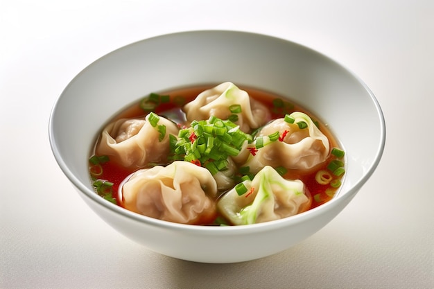 A bowl of wonton soup with green onions on top