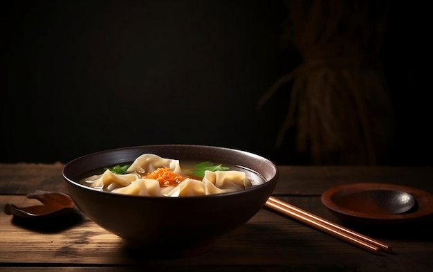 A bowl of wonton soup with a wooden spoon next to it.