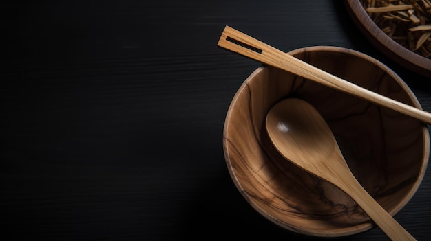 A bowl of wooden spoons with a black background