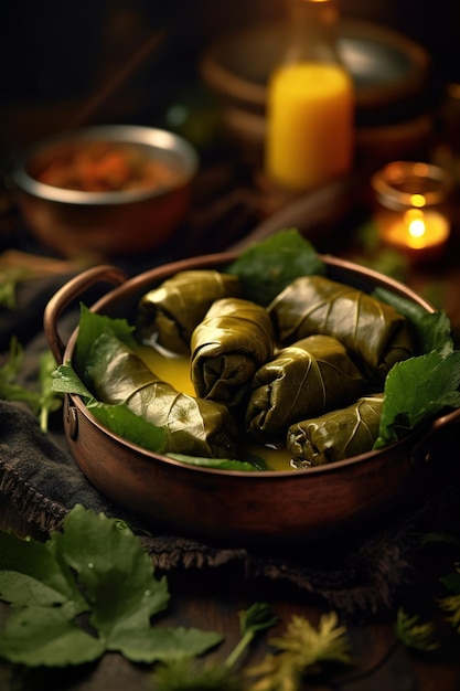 A bowl of wrapped tamales sits on a table with a candle in the background.