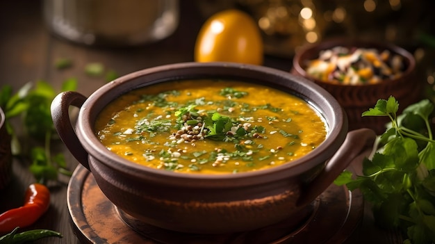 A bowl of yellow lentil soup with a green leaf on the side