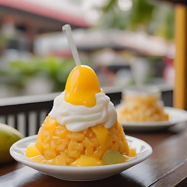 Photo a bowl of yellow macaroni and cheese with a white icing on top