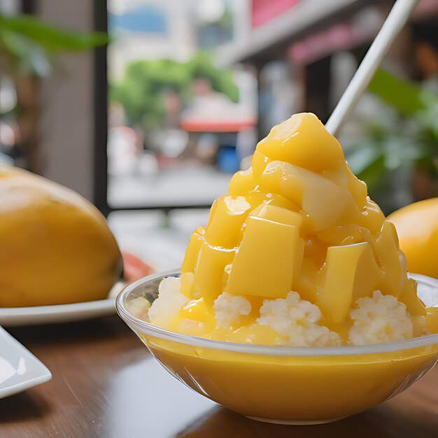 a bowl of yellow mango with a spoon in it