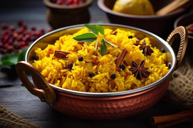 a bowl of yellow rice with blackberries and blackberries on a wooden table.