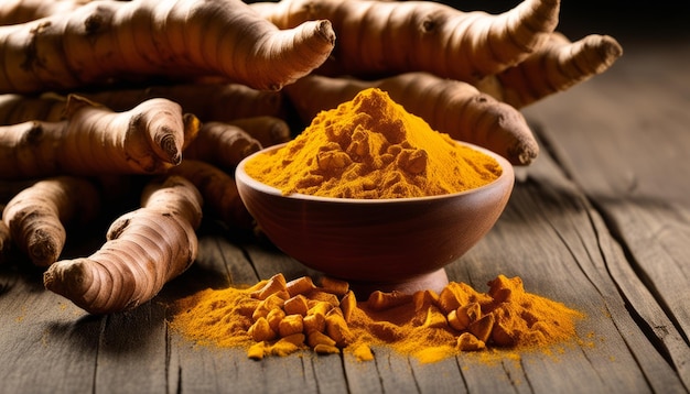 A bowl of yellow spices on a wooden table