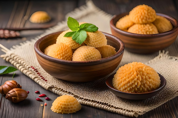 A bowl of yellow sponges with a leaf on the top.