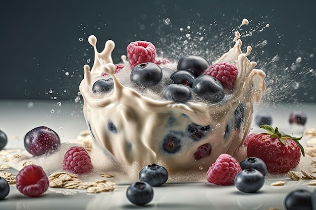 A bowl of yogurt and blueberries with a splash of milk.