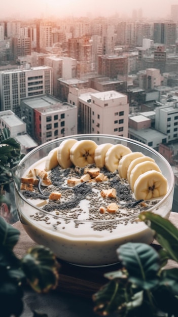 A bowl of yogurt topped with bananas and granola Generative AI image