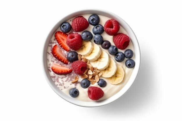 a bowl of yogurt with berries and bananas