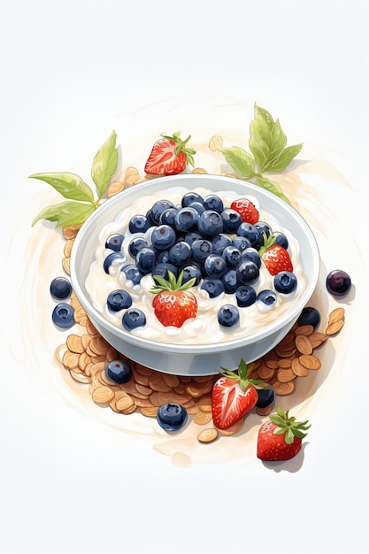 A bowl of yogurt with berries and a bowl of berries.